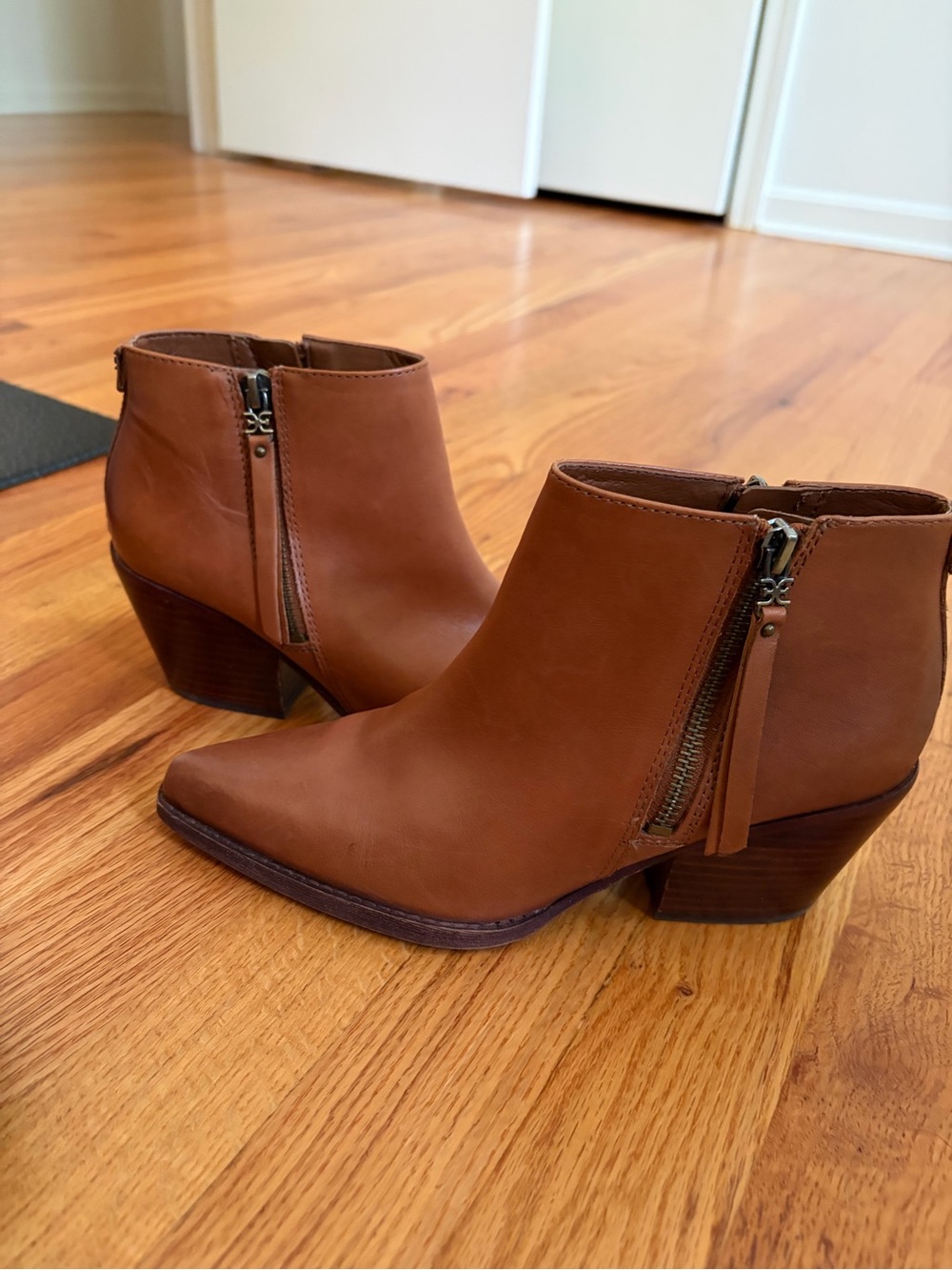 Sam Edelman Cognac Brown Leather Ankle Booties with Side Zipper